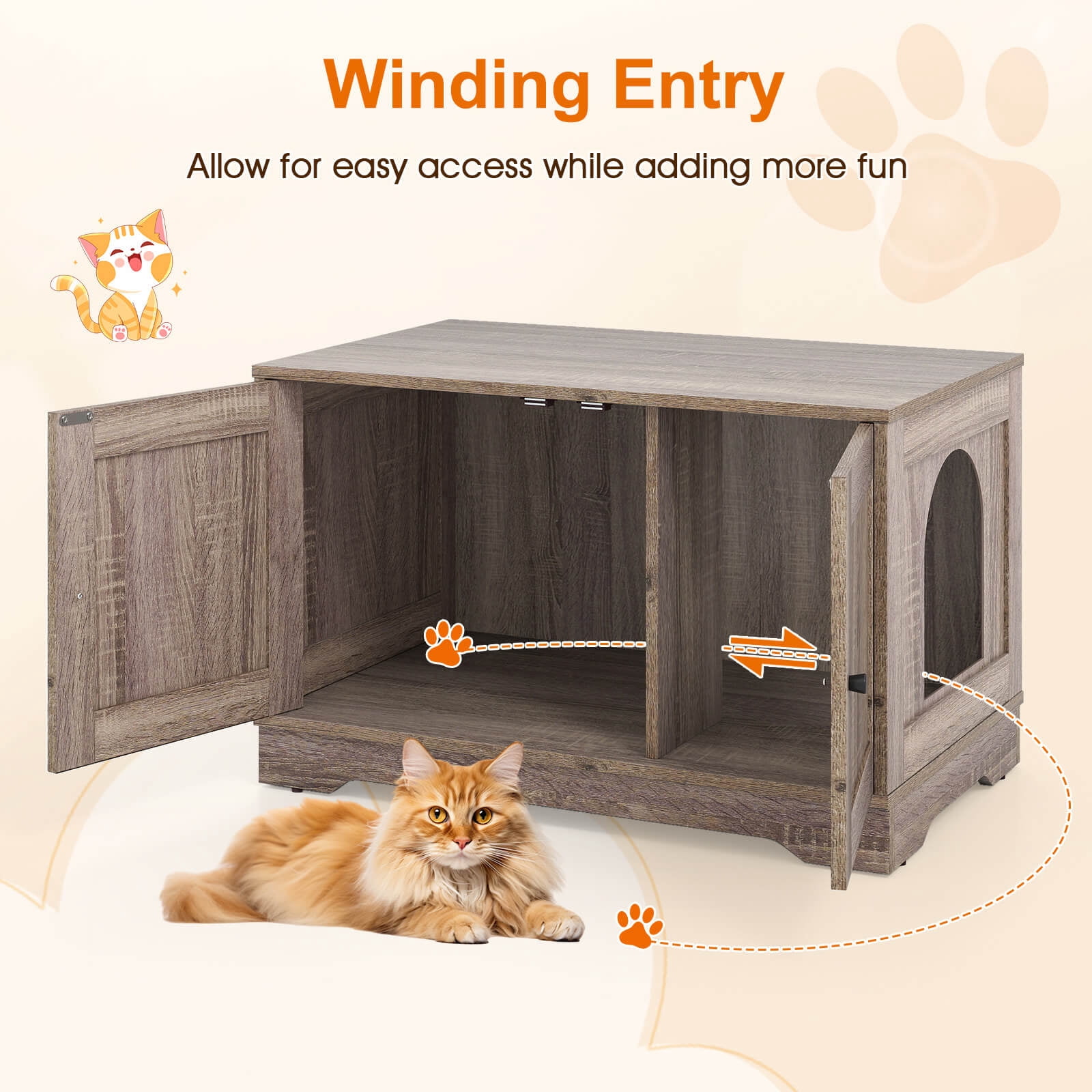 Costway Cat Litter Box Enclosure Furniture with Double Doors Divider Side Entry for Cats Gray