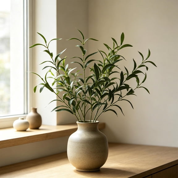 Artificial Olive Branch Stems, Realistic Faux Greenery with Variegated Leaves, Decorative Vase Filler for Home Wedding Table Centerpiece