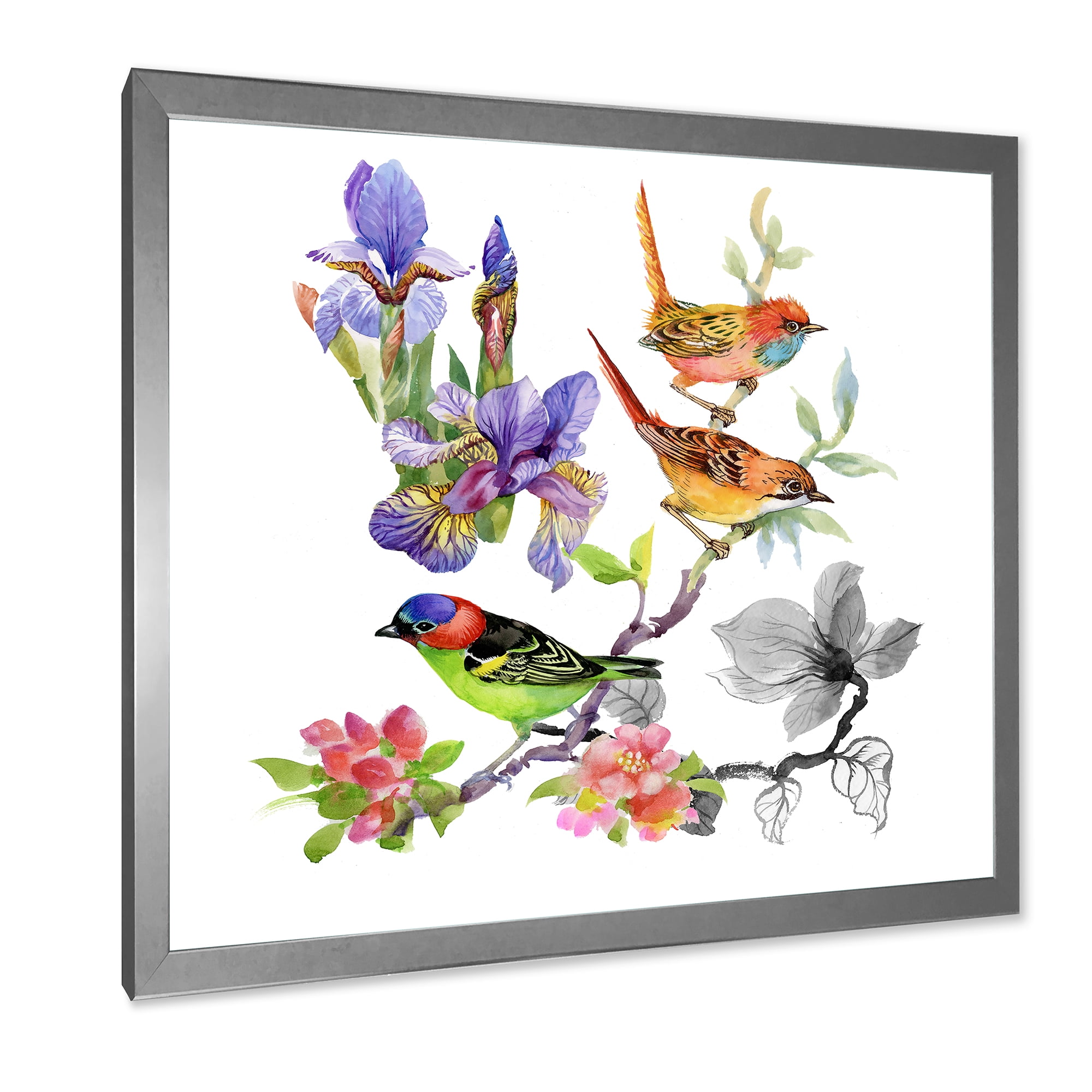 Designart 'Colourful Birds and Tropical Flowers I' Traditional Framed Art Print