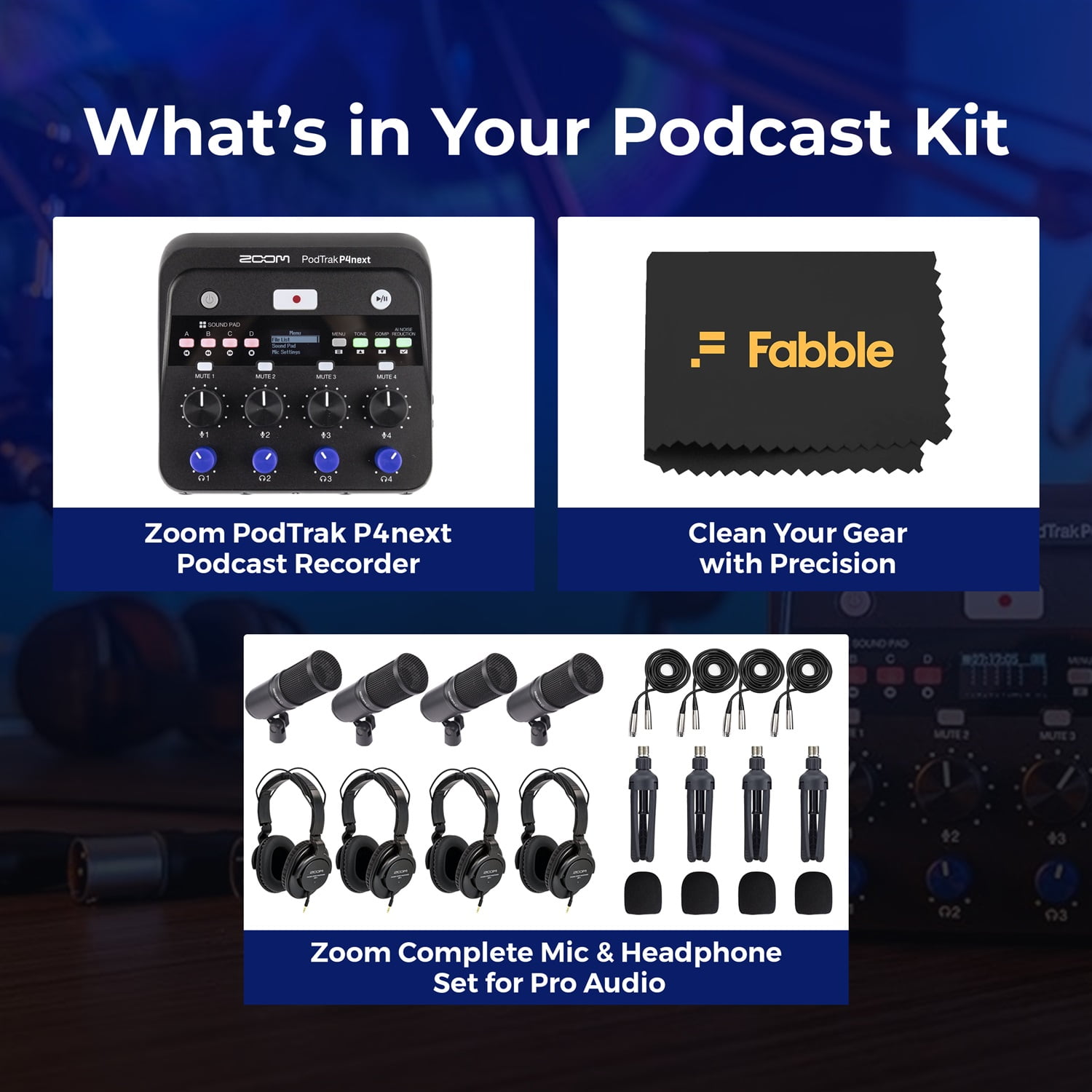 Zoom PodTrak P4next Podcast Recorder Bundle with Four Zoom ZDM-1 Podcast Microphone Packs, Including Headphones, Windscreens, XLR Cables, and Tabletop Stands for a Complete Recording Setup