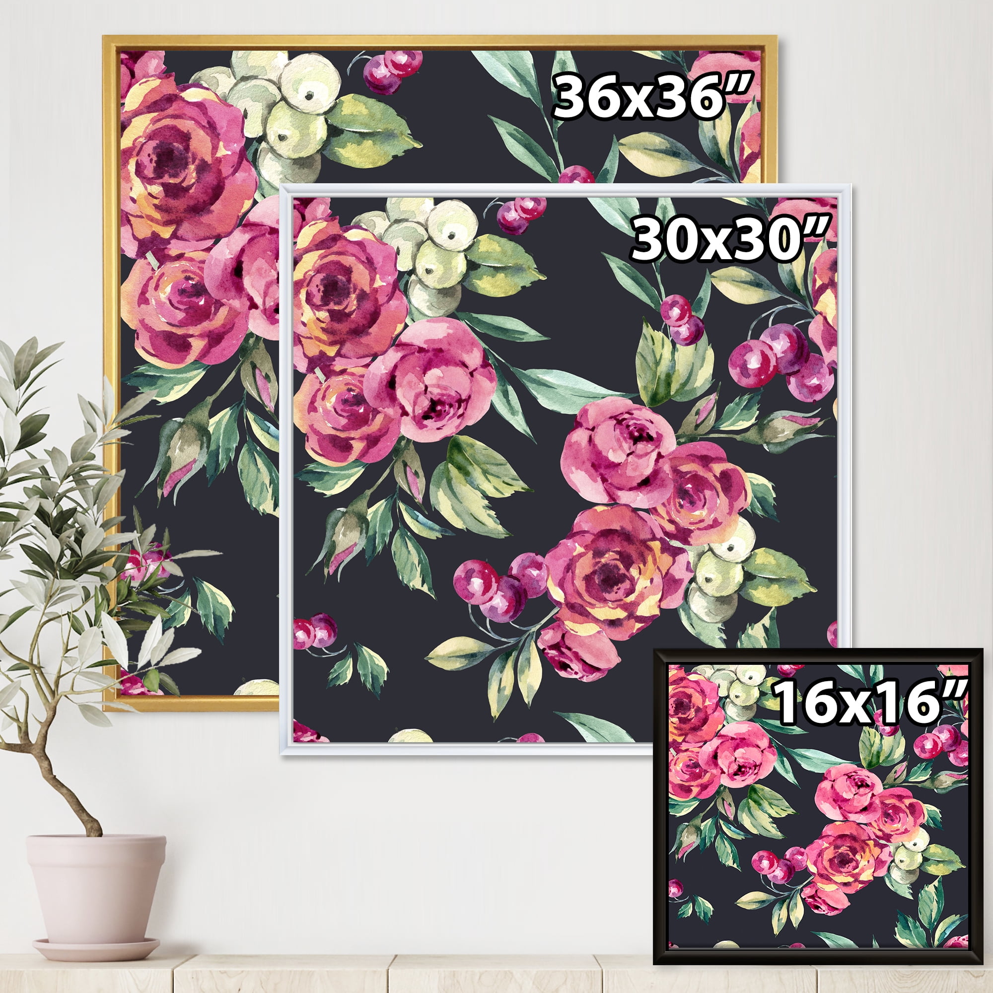 Designart 'Red VIntage Roses and Berries On Black Background' Farmhouse Framed Canvas Wall Art Print