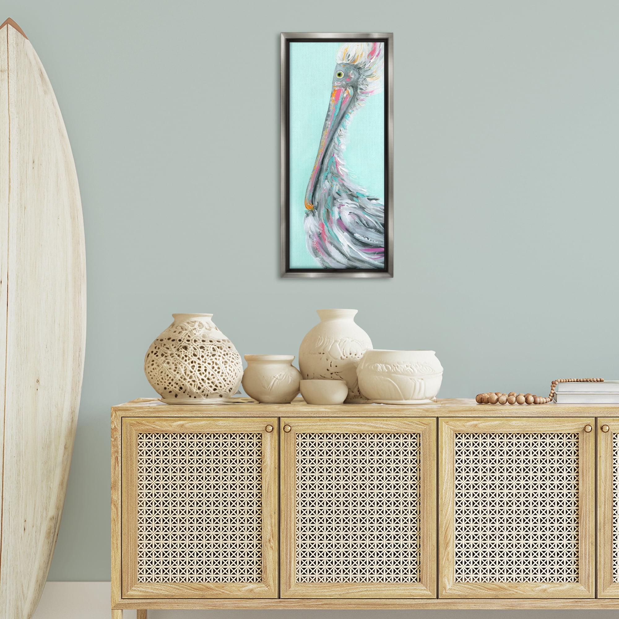 Stupell Industries Odd Pelican Portrait Animals & Insects Painting Gray Floater Framed Art Print Wall Art, 15 x 31
