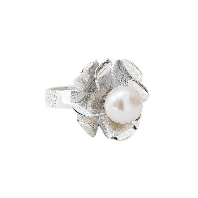 Anillo Flor Con Perla Ketzalia De Plata Ley .925 T:7 Colección 2021