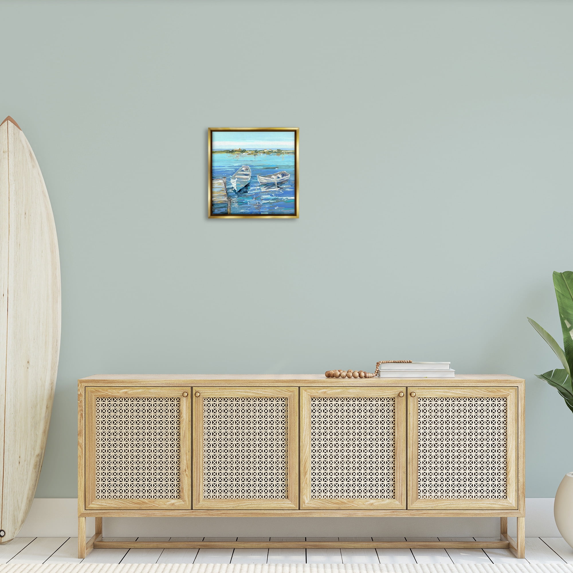 Stupell Industries Serene Rowboats at Dock Nature Painting Gold Floater Framed Canvas Art Print Wall Art, 18 x 18