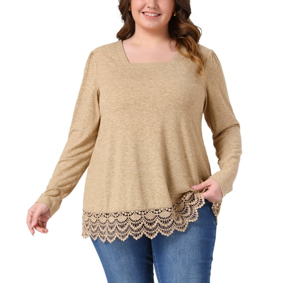 DARING DIVA  Women's Plus Square Neck Lace Hem Blouse 1X Khaki