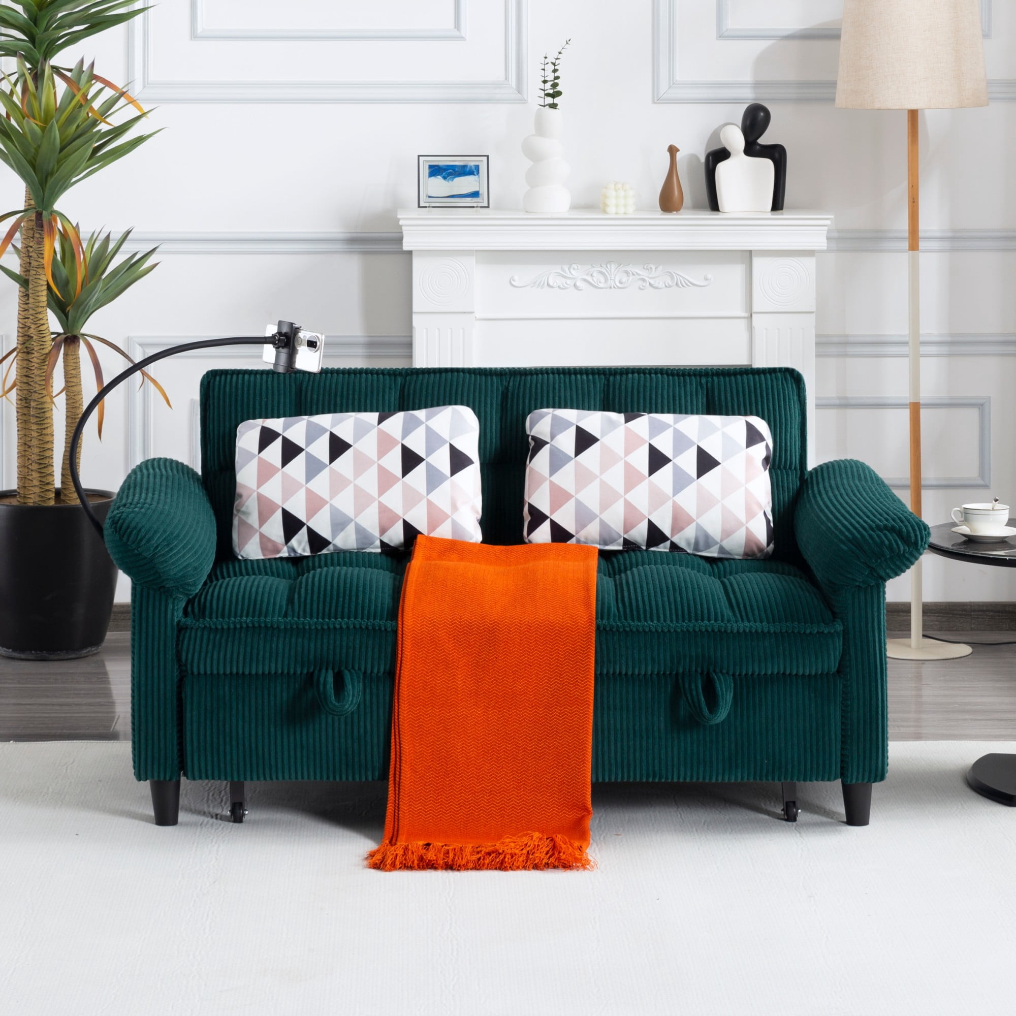 BSHTI 58.27" Corduroy Convertible Sofa Bed with Pull Out Sleeper, 3-Position Backrest, Storage Pocket for Living Room Guest Room, Black（Green）