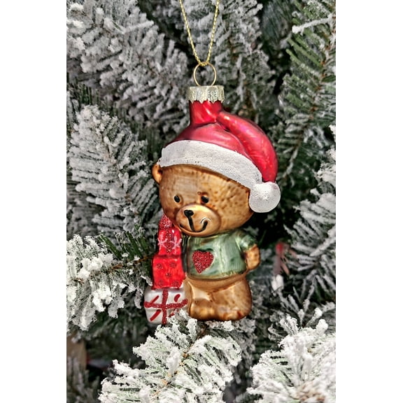 Christmas Glass Ornament - Teddy Bear with Gift by Wizardi F07M3-14 HB-SY25084