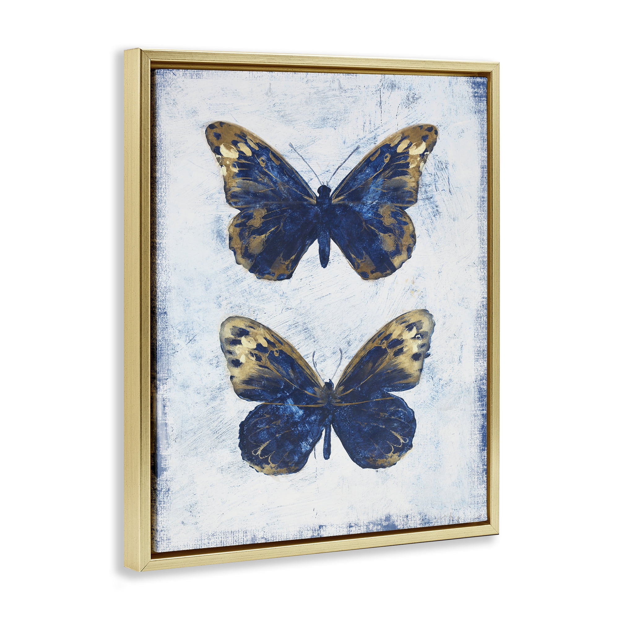Stupell Industries Gold & Blue Butterfly Animals Painting Gold Floater Framed Canvas Art Print Wall Art, 17 x 21
