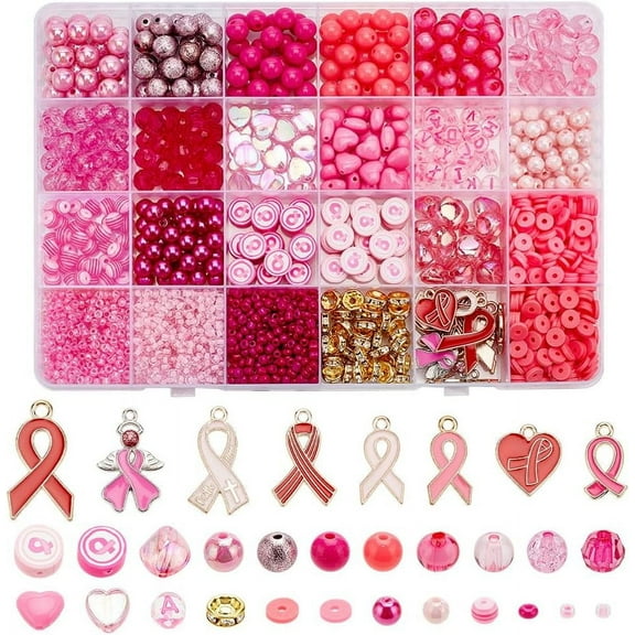 PH 1761PCS Breast Cancer Awareness Beads Charms Pink Ribbon Pendants Charms Loose Beads Acrylic Pink Bead Clay Bead for Women Necklace Earrings Bracelet Jewelry Making for DIY