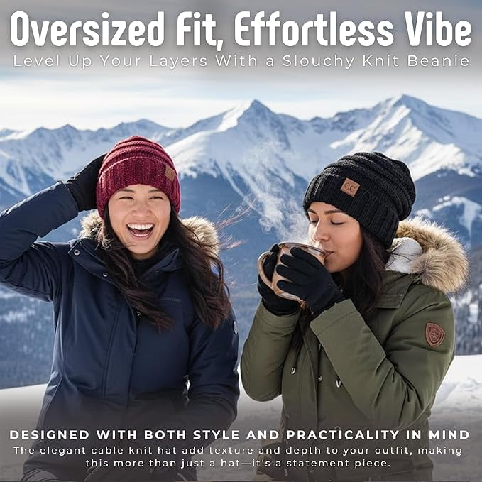 Funky Junque Slouchy Beanie for Women – Warm Winter Hat, Soft Chunky Cable Knit Oversized Slouch Beanies for Cold Weather, Cozy Stylish Fashion Hats - 2 Pack - Black & Confetti Burgundy