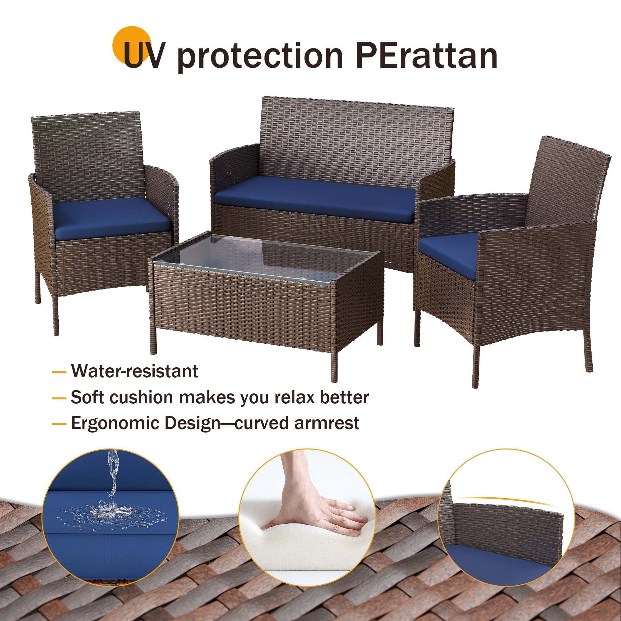 MRUAKA Patio Furniture Set 4 Pieces Porch Furniture Outdoor Modular Wicker Patio Sectional Conversation Furniture Set for Backyard,Porch,Garden,Poolside and Balcony(Blue)