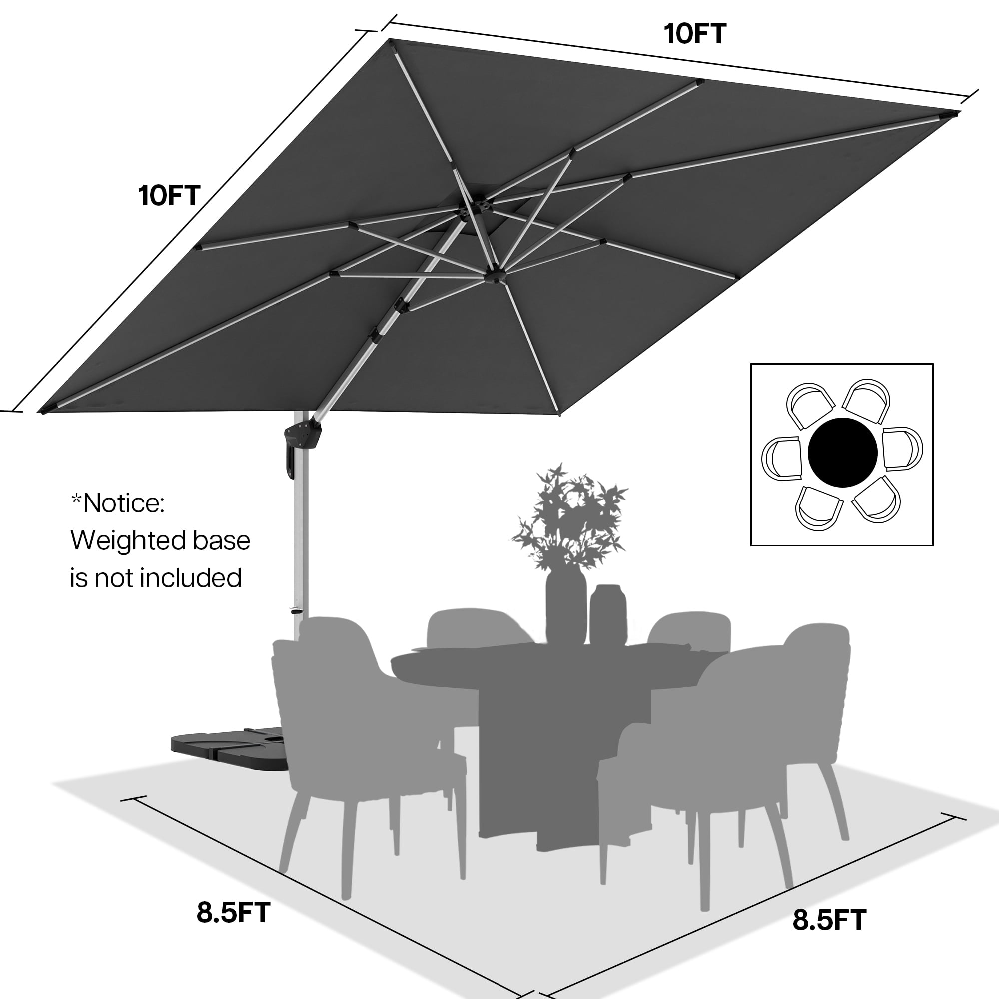 Paramondo Patio Umbrella, 10FT Outdoor Cantilever Umbrella Offset Hanging Umbrella with 360-degree Rotation for Garden, Deck, Backyard, Pool and Beach, Grey