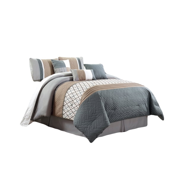 11-Pc Wylie Geometric Embroidery Herringbone Embossed Pleated Stripe Comforter Curtain Set Slate Blue Gray Khaki White King