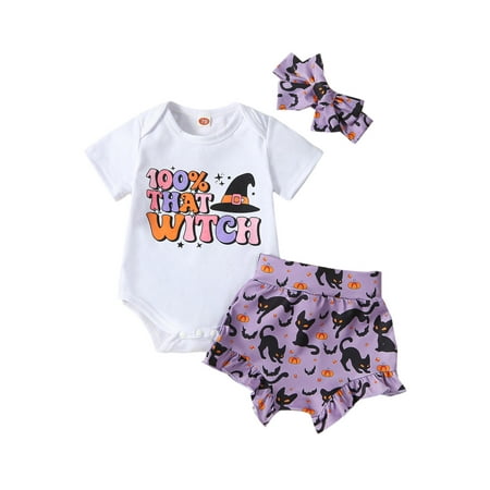 

Baby Girls Summer Shorts Sets White Short Sleeve Letter Print Romper + Bat Black Cat Print Shorts Headband Sets