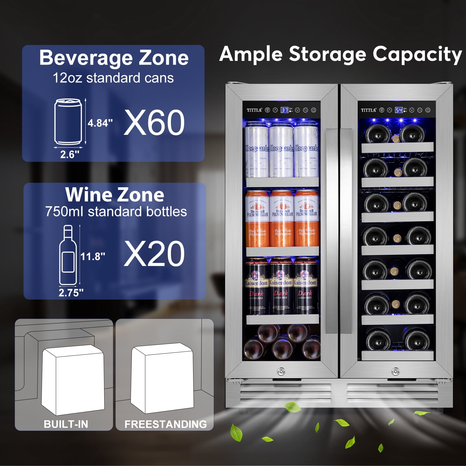Tittla 24 Inch Wine and Beverage Refrigerators Cooler,18-Wine Bottles and 57 Cans,Dual Zone,Under Counter