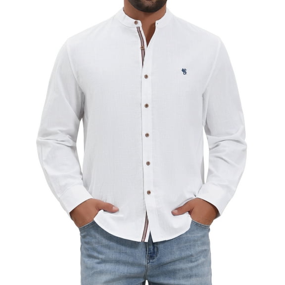 INSPIRE CHIC Men's Stand Collar Long Sleeves Button Down Solid Color Linen Business Shirt M White