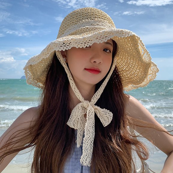 Delayuji Womens Lace Bow Hat Hollow Lace Wide Brim Adjustable Tie Breathable Woven UV Protection Stylish Floral Hat Outdoor Daily beach hat Sun Hat