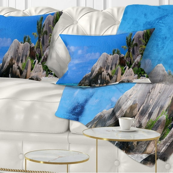 Designart Seychelles Beach Panorama - Landscape Photography Throw Pillow - 12x20