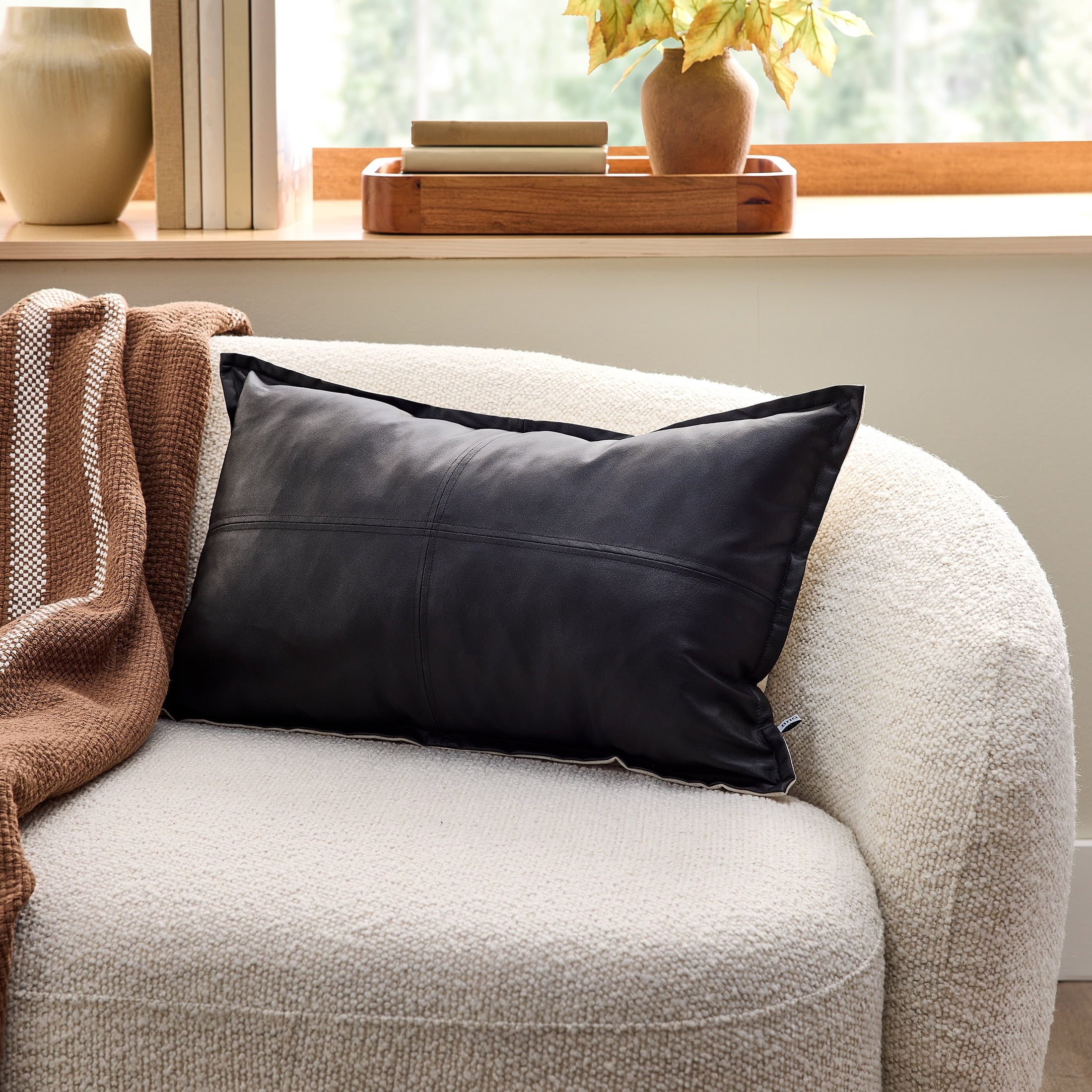 Better Homes & Gardens 14" x 24" Black Vegan Leather Oblong Decorative Pillow Cover