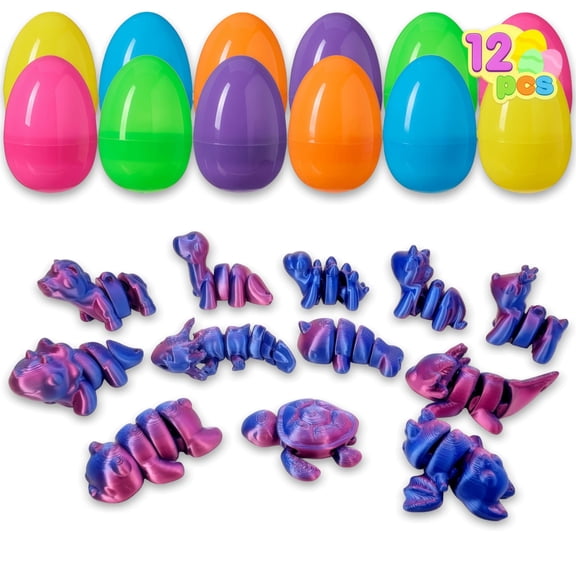 12 Pack Easter Eggs with Holographic Purple 3D Printed Articulated Animal Figures, Basket Stuffers, Party Favor Set