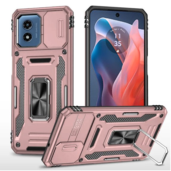 Designed for Motorola Moto G 5G 2024 Hybrid Case with Rotation Ring Stand Shockproof & Movable Camera Window PC & TPU Armor Dropproof Phone Case Cover [Rose Gold]
