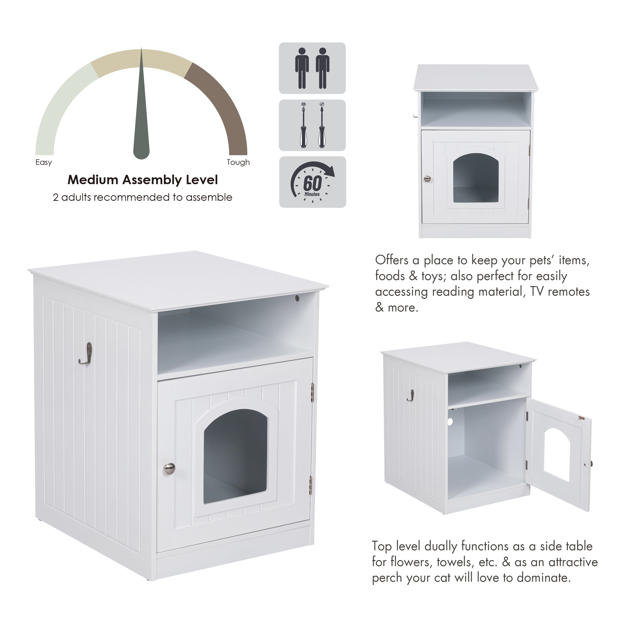 STAROUS Home Cat Litter Box Enclosure, Hidden Litter Box Furniture Cabinet Indoor Cat House Side Table(White)
