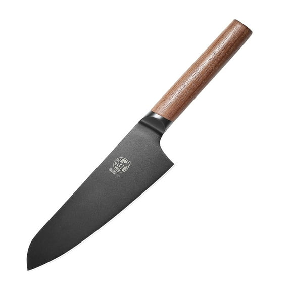 MITSUMOTO SAKARI 7 inch Japanese Chef Knife, Professional Black Titanium Coated Santoku Chef's Knife