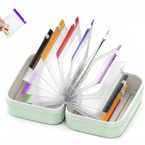 Waterproof Pill Organizer A8 Binder Set with 14 Color-Coded Pill Pouches, Travel Medicine Storage Bags with Daily Dose Labels and Removable Pouches