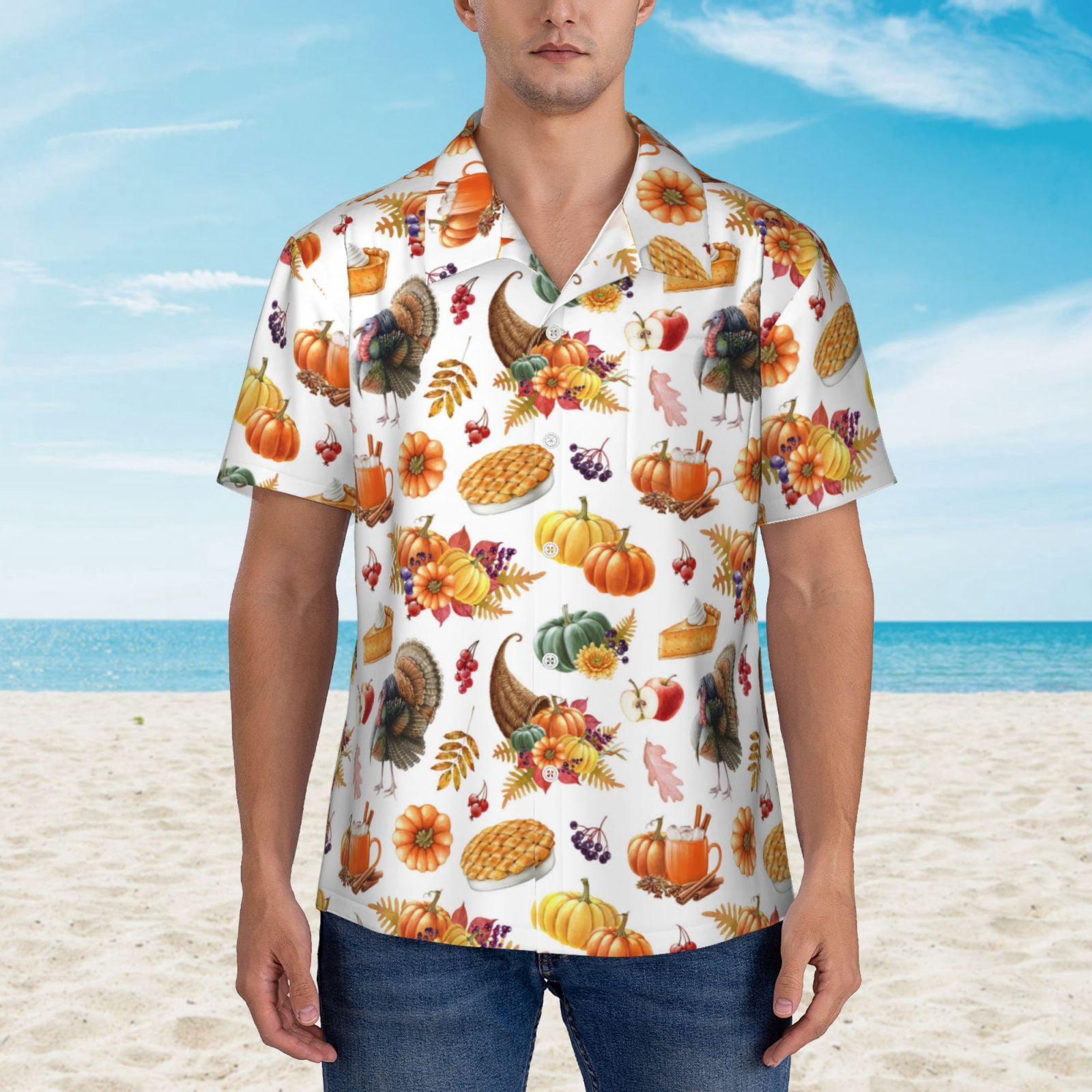 Logiee Thanksgiving Turkeys 1 Print Mens Hawaiian Shirts,Loose-Fit Short Sleeve Button Down Tropical Aloha Beach Shirt,Summer Vacation Wedding Tops,Large