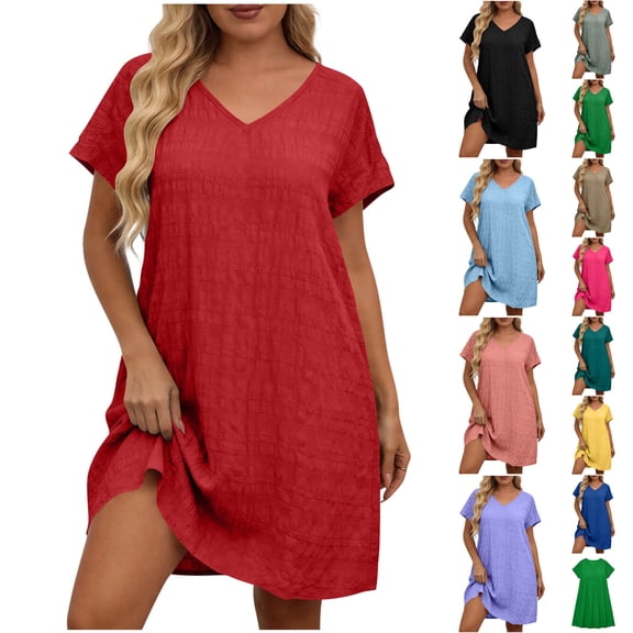 Asxite Plus Size Summer Dresses for Women Casual Solid V Neck Raglan Short Sleeve Midi Sundress