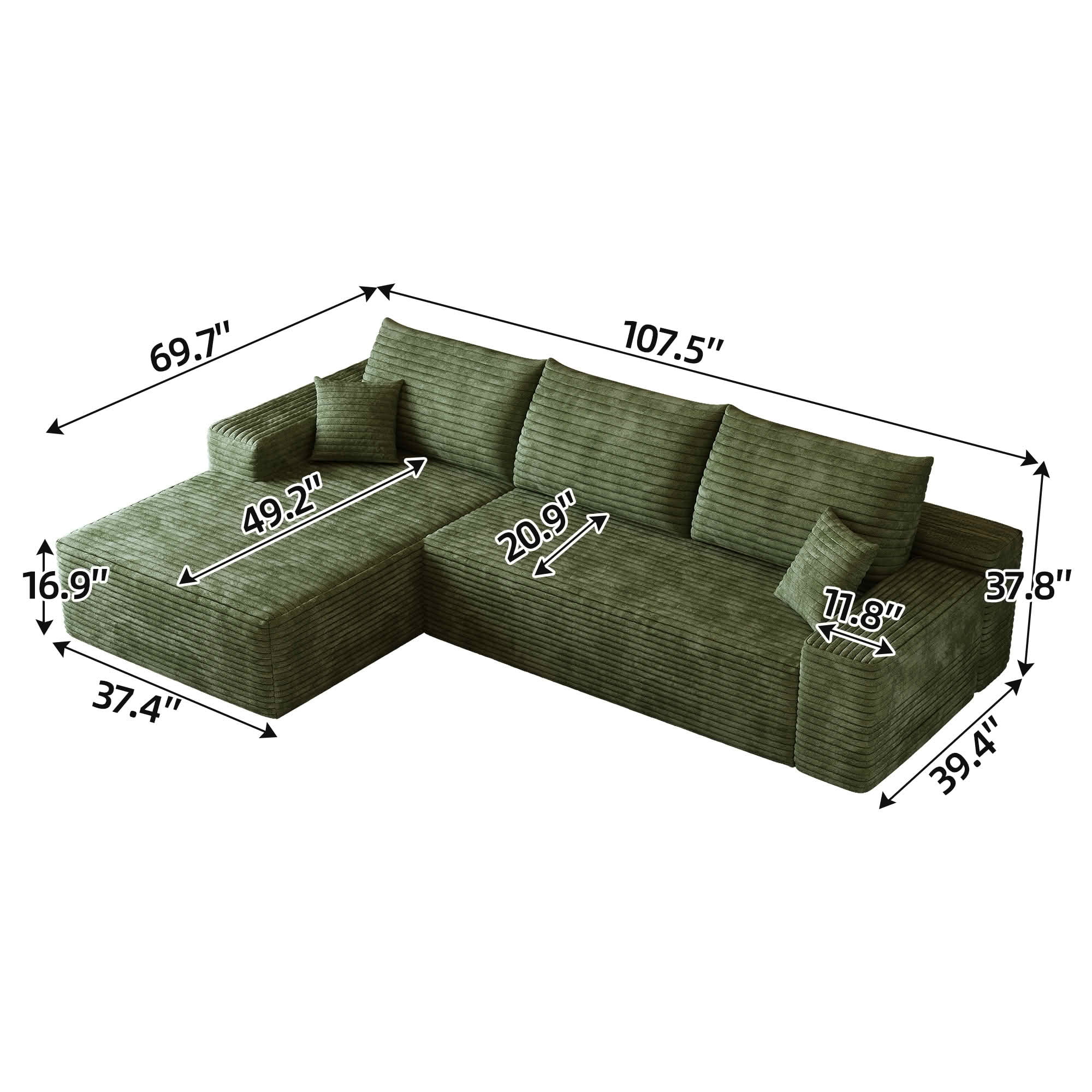 MAYEERTY 107" Cloud Sectional Couch, L-Shape Chaise Modular Sofa, Deep Seat Plush Corduroy, No Assembly, Green