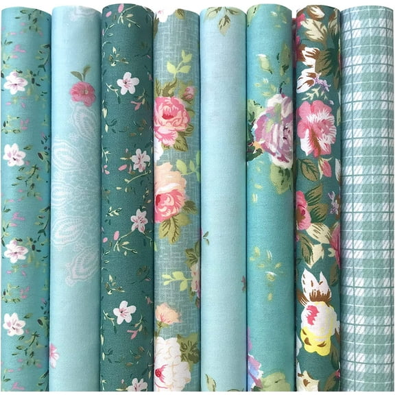 8Pcs 18x22 inch Cotton Fabric Green Floral Rose Fat Quarters Fabric Pre-Cut Quilt Squares for Patchwork Quilting and DIY Sewing Projects