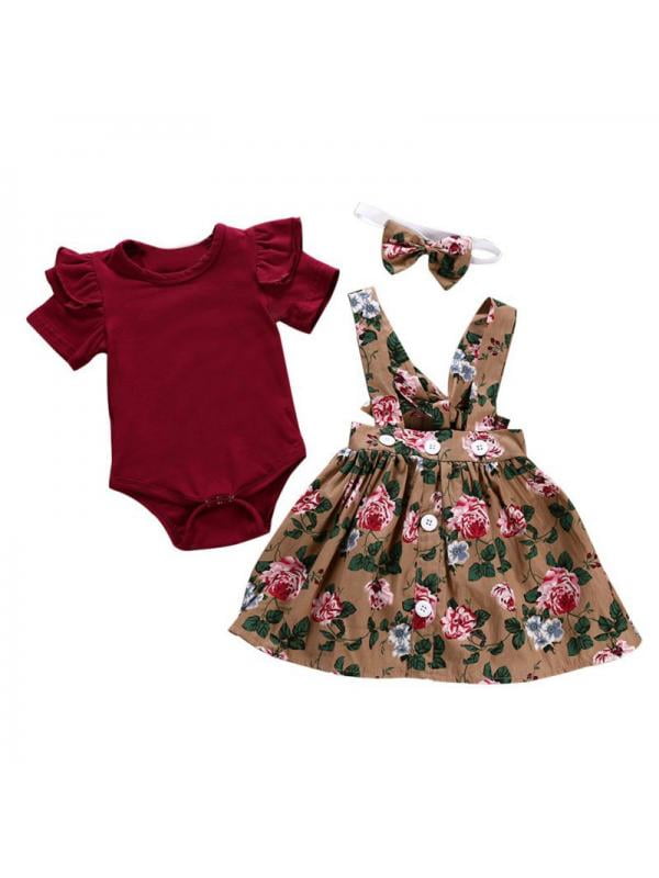 Infant Baby Girl Floral Dress Clothes Ruffle Romper Tops Skirt Outfits 3Pcs Set