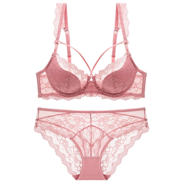 Gibobby Conjunto de lencería Lencería de Malla Sexy para Mujer Conjunto de Ropa Interior de Vendaje Envoltura de Pecho Bragas Huecas Conjunto de Sujetadores(Rosa, 75B)