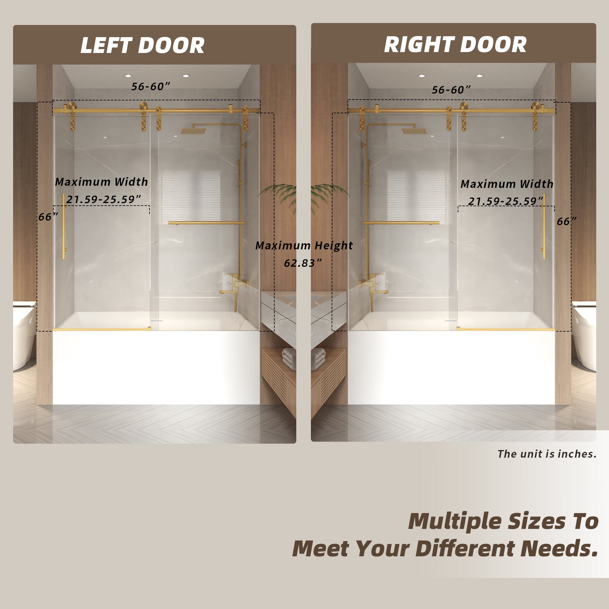 Leumius 56-60" x 66" H Frameless Sliding Shower Door, 5/16" Clear Tempered Glass,Stainless Steel Frame for Bathroom,Brushed Gold