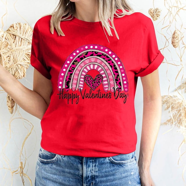 Meichang Hauts pour Femmes Tendance Valentines Day Chandail Mignon Hauts Imprimé Cœur Hauts de Fête Manches Courtes Décontracté Col Rond Chandail T-Shirts Chemisiers