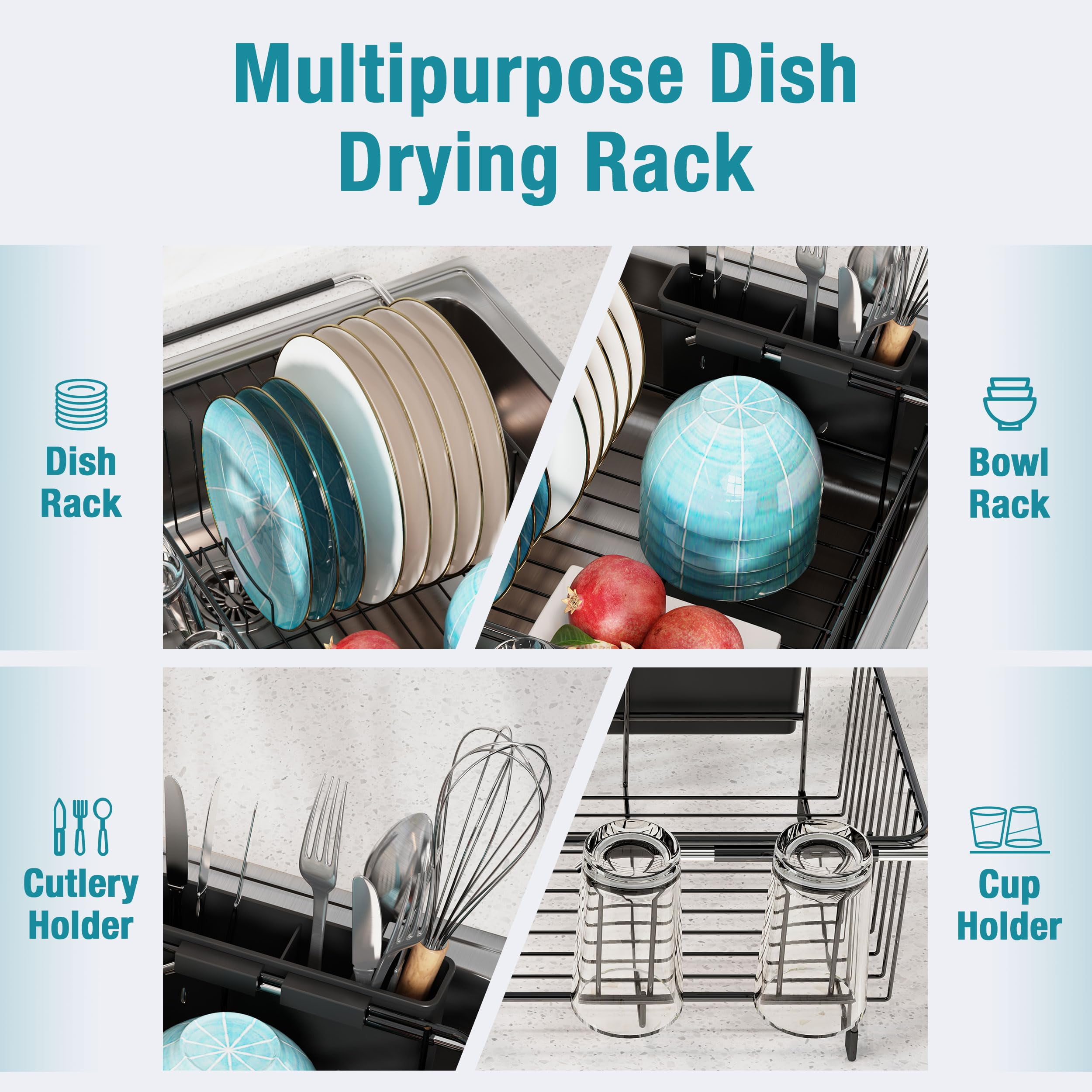 TAVENE Dish Drying Rack in Sink, Over The Sink Colander Strainer Basket, Stainless Steel Strainer Basket with Expandable Rubber Grip Handles for Vegetables, Fruits, Home Kitchen Essentials, Black