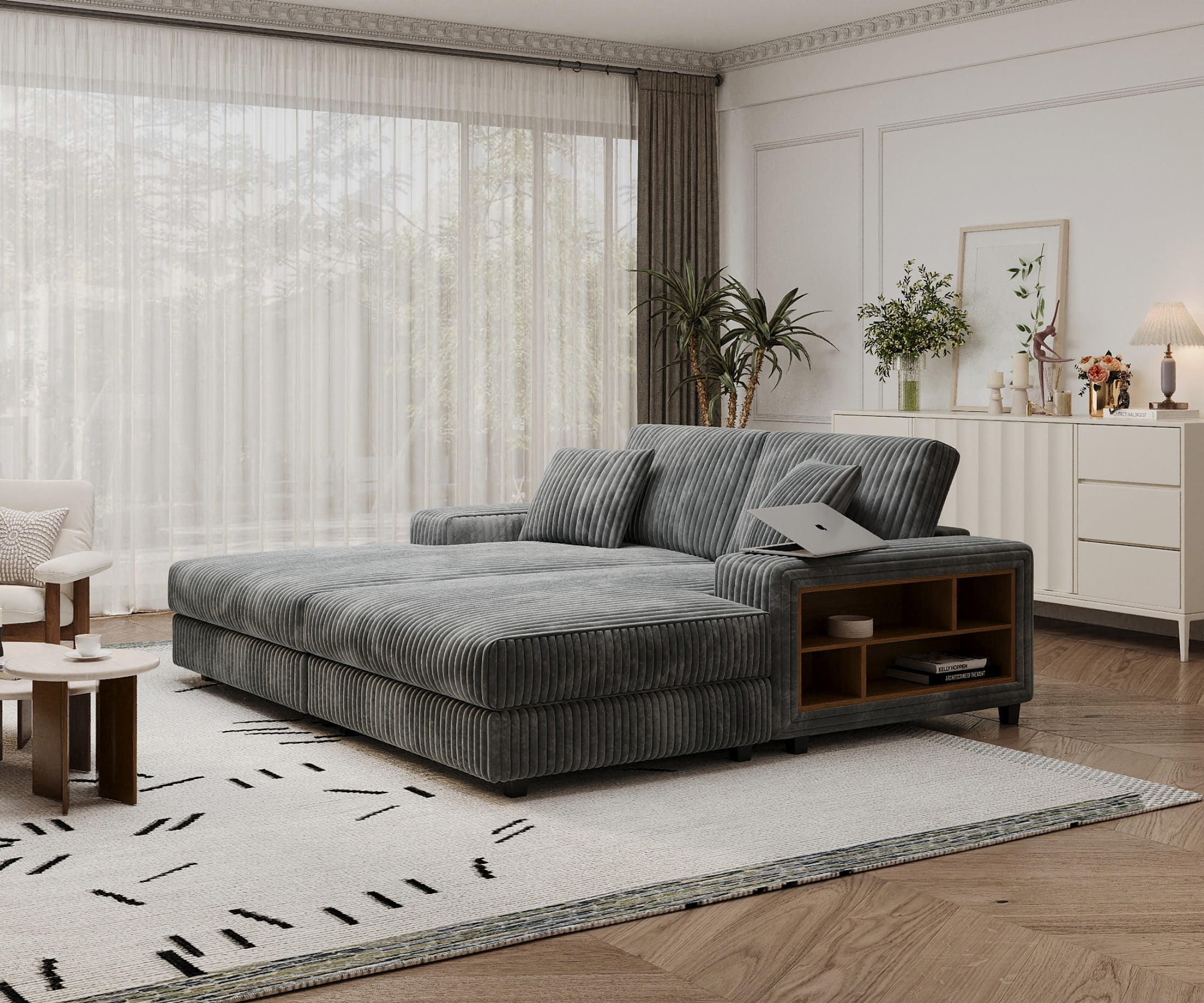Aukfa 79.5" Oversized Double Chaise Lounges Sofa, Plush Corduroy Sectional with Storage Armrests, Memory Foam Loveseat Sleeper Sofa Couch for Living Room/Bedroom, Gray