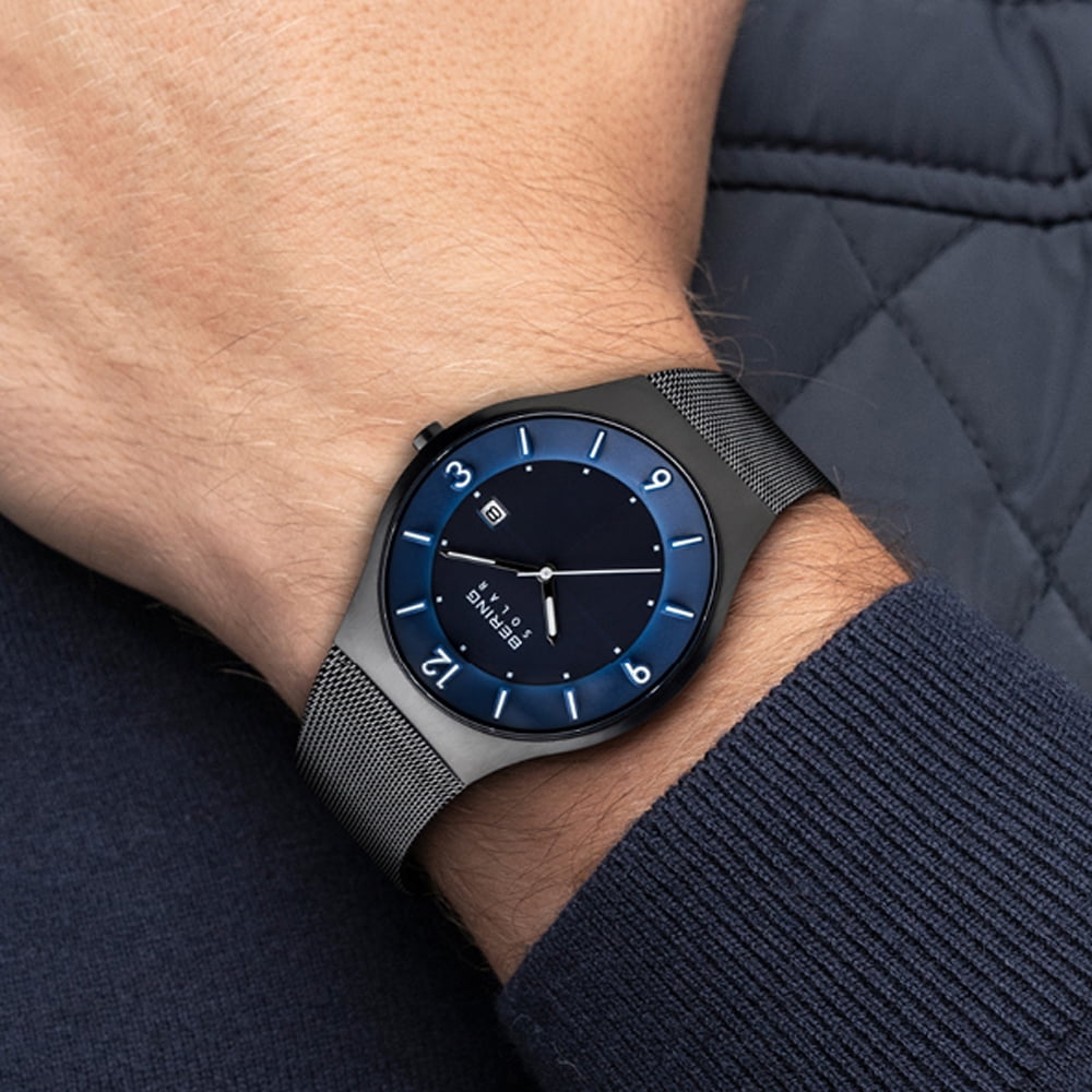 Bering Men's 14440-393 Solar Blue Dial Blue Mesh Bracelet Watch