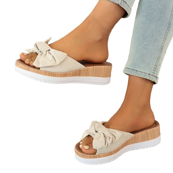 Rokment Bow Platform Wedge Sandals for Women Fashion Casual Bowknot Open Toe Chunky High Heel Dress Slip on Comfortable Walking Slides Summer Beach Vacation Beige Size 6