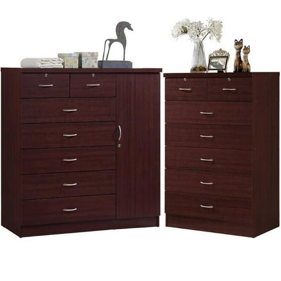 Home Square Hodedah 2 Piece 7 Drawer Wood Chest Set with Locks in Mahogany