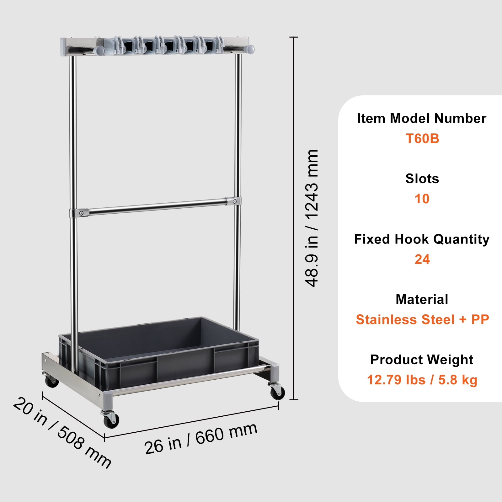 SKYSHALO Garden Tool Storage Rack with Wheels Garage Organizer 10 Slots  with Hooks