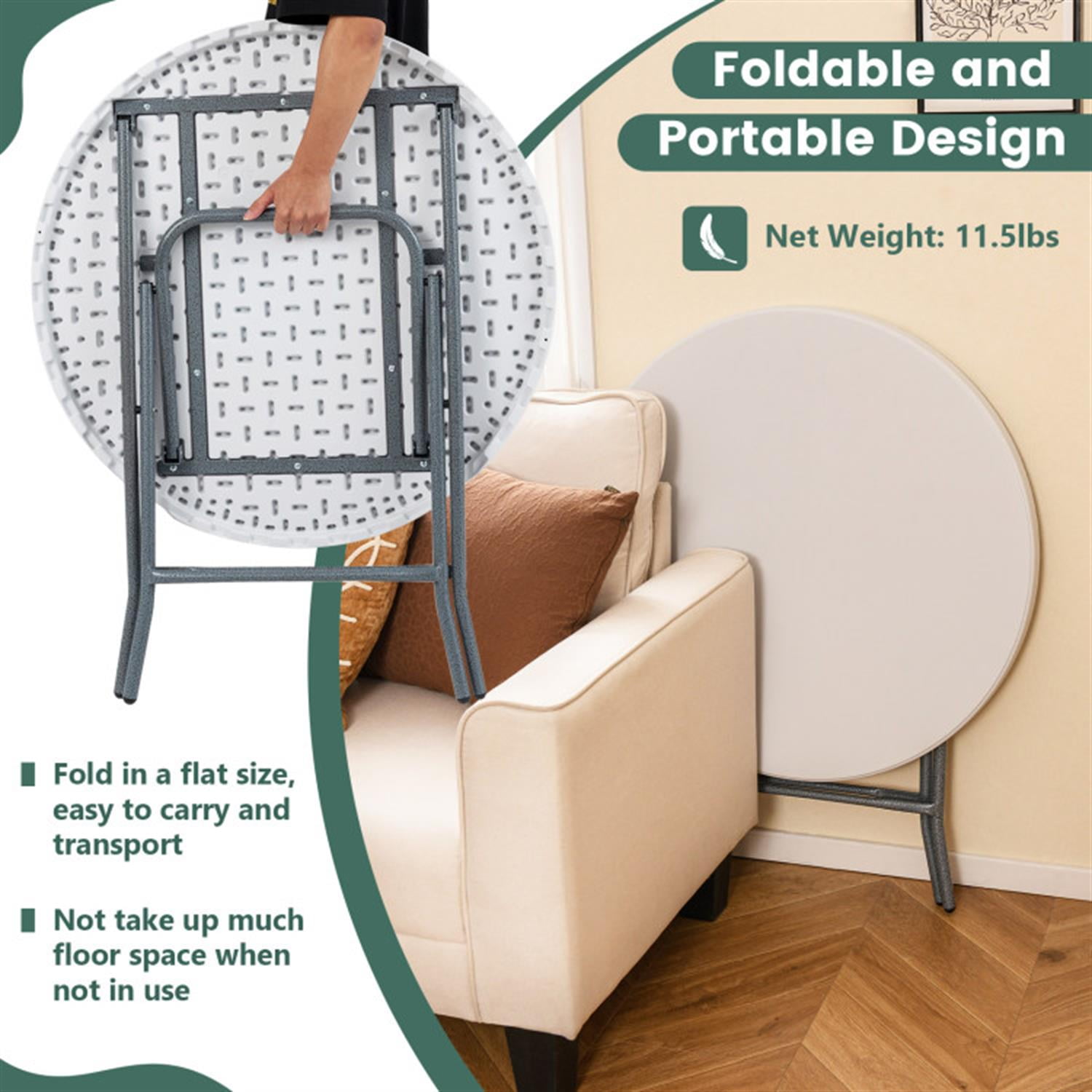 Demi Bonn 32" Round Folding Table with Thick Tabletop for Picnic fordoor Outdoor, Portable Plastic Dining Party Camping Table, White