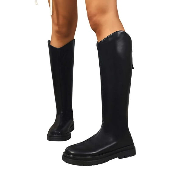 Shadouami Knee High Boots Women Round Toe Low Flat Heel Side Zipper Fall Tall Boots for Women