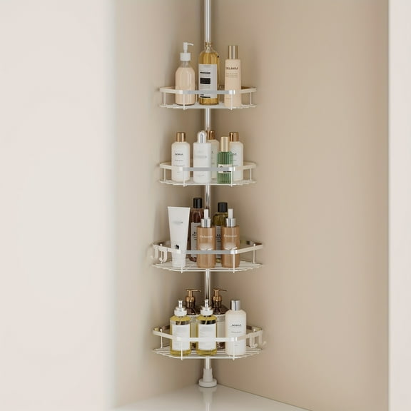Space-Saving Corner Shower Caddy Tension Pole - Heavy-Duty Metal Bathroom Organizer, No-Drill Install for Shower/Bathroom/Kitchen, Holds Bottles/Containers, Modern Minimalist Sleek Painted Finish