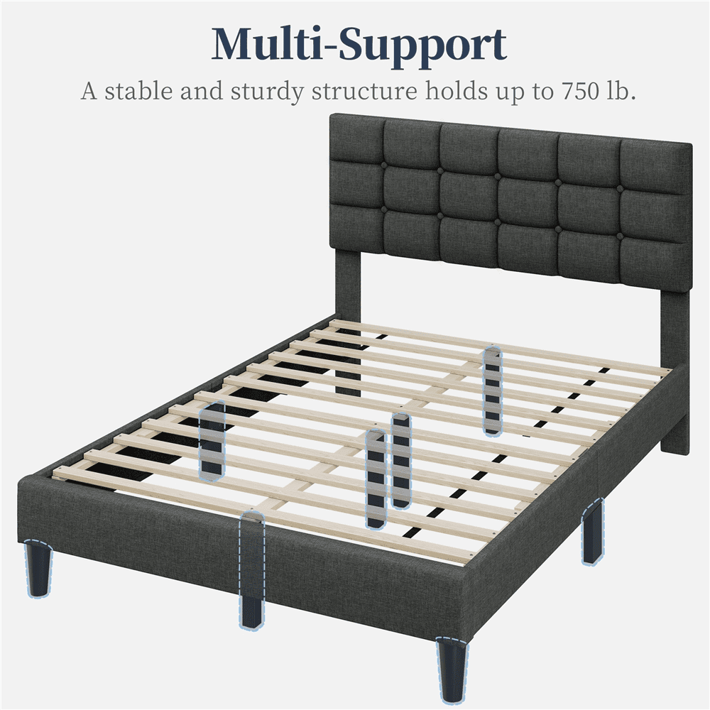 Fullfurnique Upholstered Platform Bed Frame with Square Tufted Headboard, Full, Dark Gray