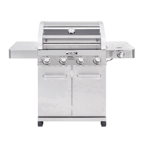 Monument Grills 4-Burner Stainless Steel Propane Gas Cabinet Grill with Clear View Lid, LED Controls, Side Burner