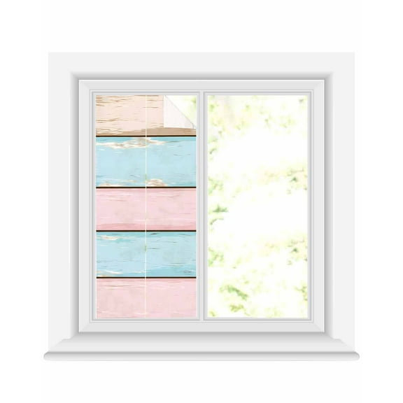 Window Privacy Film Pink Blue Striped Stained Glass Window Film Decorative Sun Block Window Cover Vintage Shabby Chic Wood Grain Window Clings Static Adhesive Sticker for Bathroom 19.6"x39.3"