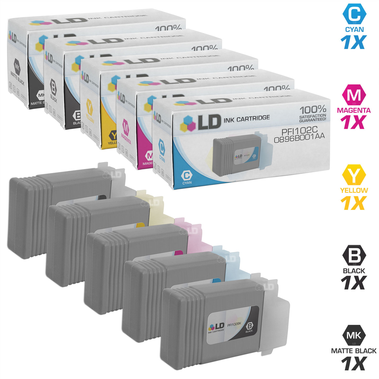 LD Compatible Replacements for Canon PFI-102 Set of 5 Cartridges