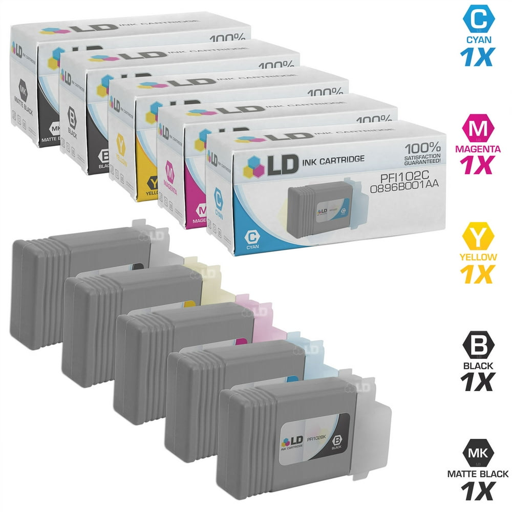 LD Compatible Replacements for Canon PFI-102 Set of 5 Cartridges Includes: 1 PF-102BK Black, 1